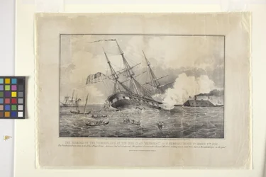Sinking Of The Cumberland av The Ironclad "Merrimack" (litografi)