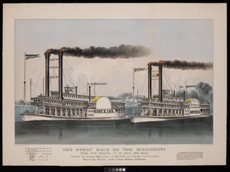 Det store kappaløpet på Mississippi fra New Orleans til St. Louis, 1950 kilometer. Mellom dampskipene Robt. E. Lee ... og Natchez ... vunnet av R.E. Lee