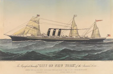 Det praktfulle dampskipet «City of New York» fra Inman-linjen, sent på 1800-tallet (litografi, fargelagt)