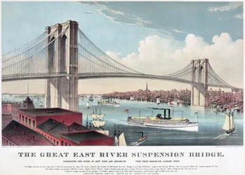 Den store hengebroen i East River, ca. 1883 (fargelitografi)