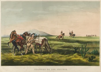 Fangstmenn på prærien / fred eller krig? 1866 (fargelitografi)