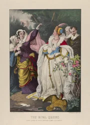 The Rival Queens, Mary Queen of Scots Defying Queen Elizabeth, 1857-72 (Håndfarget litografi)