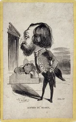 Portrait-charge av Alfred de Musset (1810-1857), fransk poet og dramatiker. Tegneserie av Gaspard Felix Tournachon dit Felix Nadar (1820-1910).