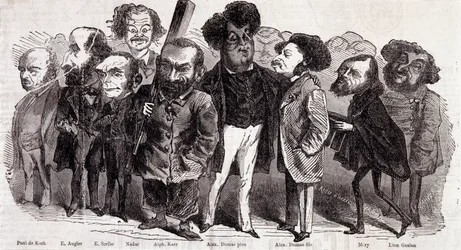 Portretter av forfatterne Paul de Kock (1793-1871), Emile Augier (1820-1889), Eugene Scribe (1791-1861), Felix Nadar, Alphonse Karr (1808-1890), Alexandre Dumas far (1802-1870) og Alexandre Dumas Jr. (1824-1895), Joseph Mery (1798-1866) og Leon Gozan (1803