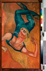 Saut (hopp) - En akrobat utfører et hopp, smilende ansikt, fleksibel kropp deformert av poseringen i suspensjon i luften - Maleri av Nadezhda Vladimirovna Lermontova (1885-1921), olje på lerret