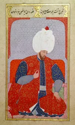 MS Hazine 1563 fol.47b Suleyman I (1495-1566) som en ung mann, fra Semailname, 1579 (blekk og bladgull på papir)