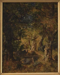 Interiør i et tre med innsjø og figurer