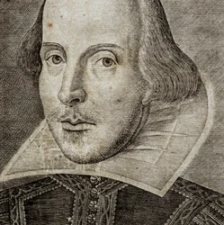 Detalj av portrett av William Shakespeare på forsiden av Comedies, histories, amp; t…