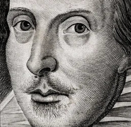 Detalj av portrett av William Shakespeare på forsiden av Comedies, histories, amp; t…