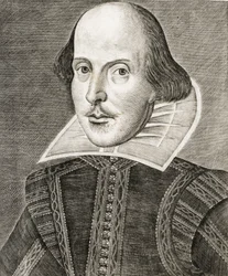 Portrett av William Shakespeare på forsiden av Komedier, historier og tragedier i…