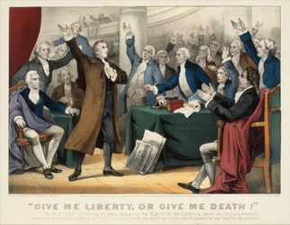 Gi meg frihet eller gi meg døden!-Patrick Henry holdt sin flotte tale om rettighetene ..., 1876. Skapere: Nathaniel Currier, James Merritt Ives, Currier og Ives.