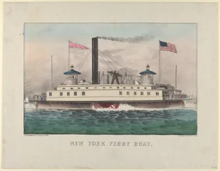 New York fergebåt, ca. 1860-65., ca. 1860-65. Skapere: Nathaniel Currier, James Merritt Ives, Currier og Ives.