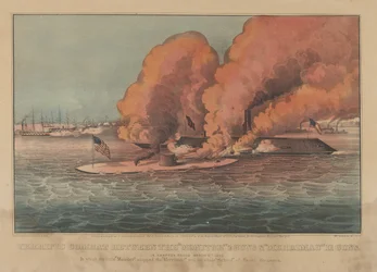 Terrific Combat Between the Monitor 2 Guns & Merrimac 11 Guns - In Hampton Roads March..., 1862. Skapere: Nathaniel Currier, James Merritt Ives, Currier og Ives.