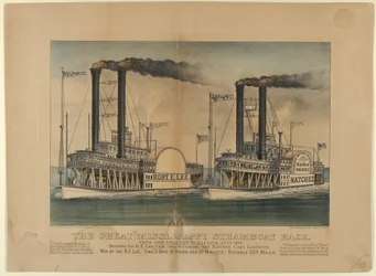 The Great Mississippi Steamboat Race - Fra New Orleans til St. Louis, juli 1870 - Mellom t..., 1872-74. Skapere: Nathaniel Currier, James Merritt Ives, Currier og Ives.