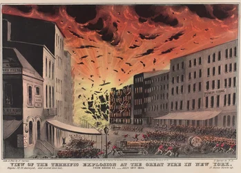 Utsikt over den fryktelige eksplosjonen under den store brannen i New York. Fra Broad St. - 19. juli 1845