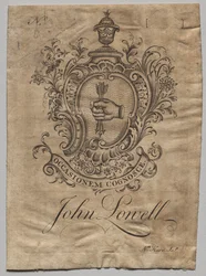 Bokskilt: Våpenskjold med John Lowell påskrevet