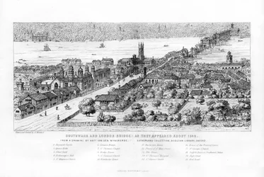 Southwark og London Bridge slik de dukket opp rundt 1546, c1860.