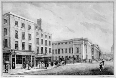 Utsikt langs Aldersgate Street og St Martin-le-Grand til St Pauls Cathedral, ca. 1830