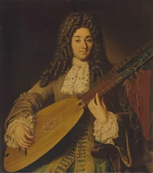 Portrett av en musiker, sannsynligvis Petruccio, halvlangt, som spiller en teorbo