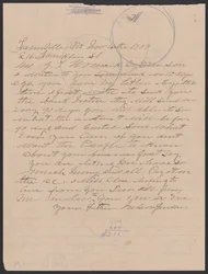Brev fra Nelson Jordan til Julia Womack med en konvolutt, 16. november 1909.