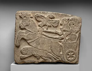 Ortostat-relieff: løvejaktscene, ca. 900-tallet f.Kr. (malt basalt)