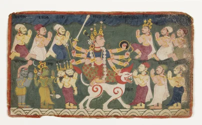 Mahalakshmi som rir på løven sin, fra Devimahatmya, ca. 1750 (ugjennomsiktig wc på papir)