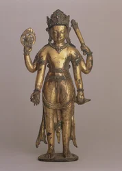 Statuett av den hinduistiske guden Vishnu, ca. 1200 (høykobber bronse, innskåret, forgylt, satt med edelstener og malt)