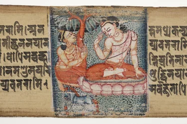 Sudhana kneler foran en bodhisattva, fra Gandavyuha (ugjennomsiktig wc og blekk på palmeblad)