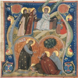 Manuskriptilluminasjon med påskescener i en initial A, fra et antifonarium, ca. 1320.