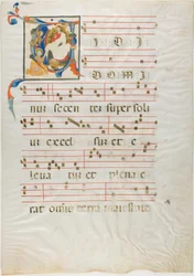 Den hellige som kneler foran Gud tronet i en historisk initial "V" fra et antifonarium