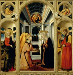 Kunngjøring som viser St Apollonia, St Luke og profetene David og Jesaja, av Neri di Bicci (1418-1492)