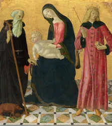 Madonna og barnet med den hellige Antonius av Abbey og den hellige Sigismund, ca. 1490–1495 (tempera på panel)