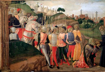 Totila, østgoternes konge på besøk hos Benedikt av Nursia - Detalj av Predelle, ca. 1470