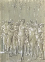 Fem nakne soldater med stenger, to med hjelm, og tre nakne kvinner, 1522