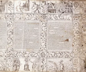 Opplyst manuskript i sefardisk skrift, som viser scener av nederlandsk liv og Bibelen med blomsterkartasjer, 1600-tallet