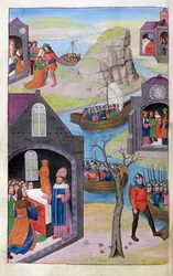 Ms 324 f.118 v. Heenbas drøm. Paris og Helen. Calchas forklarer vidunderbarnet, fra Metamorphoses 12 av Ovid, 1479