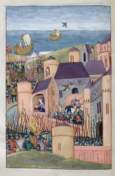 Ms 324 f.324 v. Minos beleirer Megara. Scylla klipper forrædersk håret hennes og flyr, fra Metamorphoses 8 av Ovid, 1479