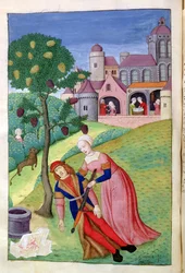 Ms. 324 f. 44v. Alkithoe, Pyramus og Thisbe, morbærtreet skifter farge, fra Ovids Metamorfoser, 1479