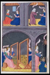 Ms 324 f.62 v. Arachne utfordrer Pallas og blir til en edderkopp, fra Ovids Metamorfoser 6, 1479