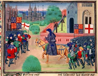 Roy 18 EI f.165v Bondeopprør som viser bannerne til England og St. George, John Ball vist som leder for opprørerne, illustrasjon fra 'Chroniques de France et d'Angleterre', av Jean Froissart, ca. 1460-80 (vellum)