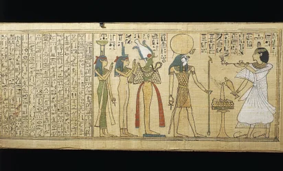 Papyrus of Khonsumes, The Book of the Dead, den avdøde gir offer til Osiris, Isis og Nephthys, tredje mellomperiode
