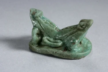 Scaraboid av to sammenflettede frosker, 18.-19. dynasti, 1540-1186 f.Kr. (fajanse) (se 270367 for underside)