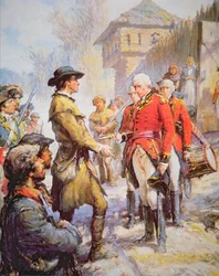 George Rogers Clark aksepterer overgivelsen av den britiske sjefen Henry Hamilton ved Fort Sackville, 25. februar 1779 (farge litho)