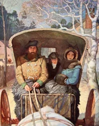 Familien Fraser kledde seg varmt i hestevognen (farge litho)