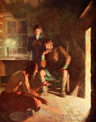 Det indiske Longthought-møtet i et tidlig nybyggerhjem (farge litho)