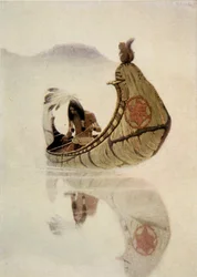 Frontispice fra The Song of Hiawatha av Henry Wadsworth Longfellow (1807-82), pub. av George G. Harrap und Company Ltd., 1911 (myk bakken etsning)