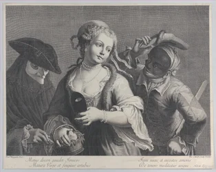 Tre halvlange figurer fra et venetiansk karneval, 1750-1822., 1750-1822.