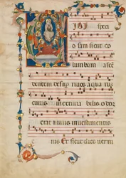 Manuskriptblad med antagelsen av jomfruen i en innledende V, fra et antifonarium, ca. 1340