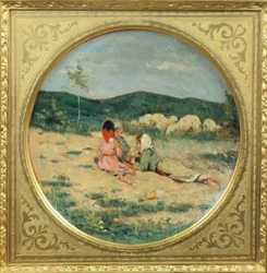 Tallerken malt med gjeterfigurer, av Niccolo Cannicci, ca. 1880, olje på terrakottaplate
