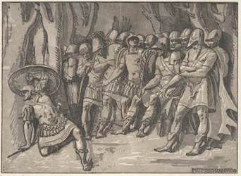 Ajax nede til venstre holder et skjold høyt, til høyre står Agamemnon omgitt av hans..., 1540-50.